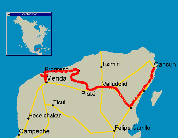route map of Yucatan's Beaches & Ruins 2003 (2003-04 season)